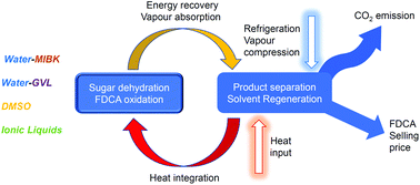 Graphical abstract: From sugars to FDCA: a techno-economic assessment using a design concept based on solvent selection and carbon dioxide emissions