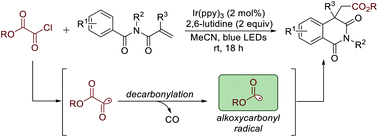 Graphical abstract: Alkoxycarbonyl radicals from alkyloxalyl chlorides: photoinduced synthesis of isoquinolinediones under visible light irradiation