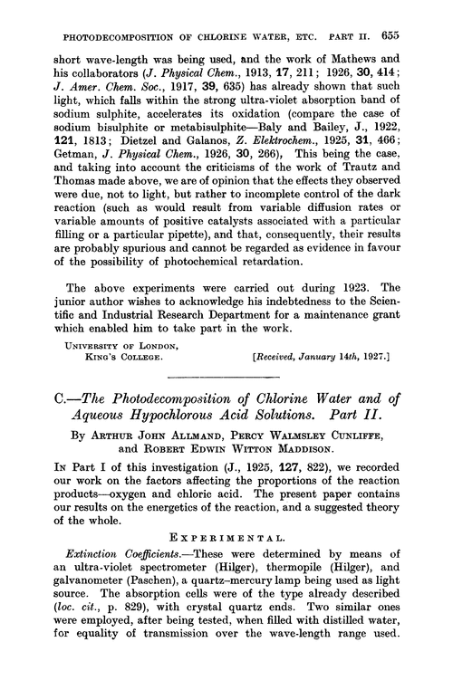 C.—The photodecomposition of chlorine water and of aqueous hypochlorous acid solutions. Part II