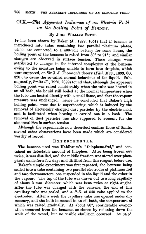 CIX.—The apparent influence of an electric field on the boiling point of benzene