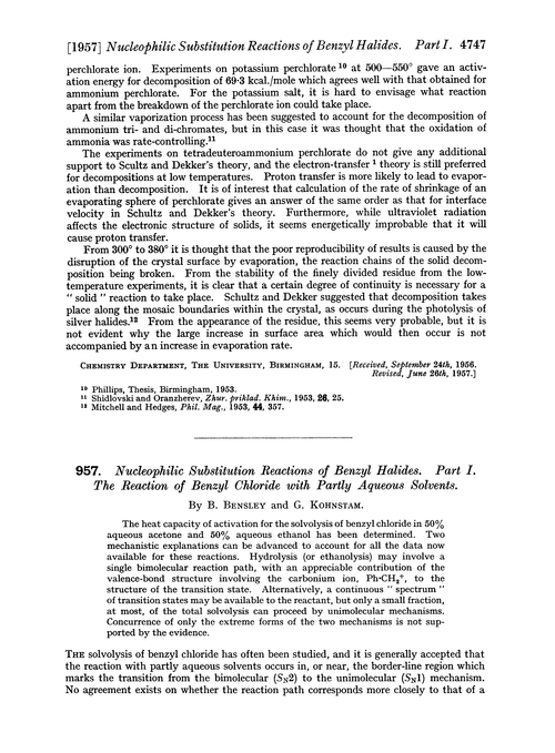 957. Nucleophilic substitution reactions of benzyl halides. Part I. The reaction of benzyl chloride with partly aqueous solvents