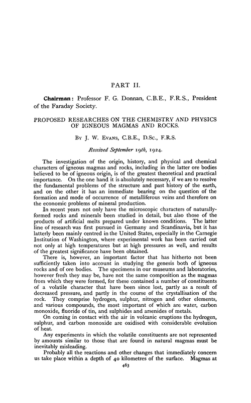 Part II. Proposed researches on the Chemistry and Physics of igneous magmas and rocks