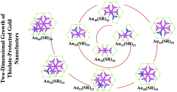 Graphical abstract: Two-dimensional growth mode of thiolate-protected gold nanoclusters Au28+4n(SR)20+2n (n = 0–8): compared with their one-dimensional growth mode