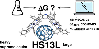 Graphical abstract: Reliable prediction of association (free) energies of supramolecular complexes with heavy main group elements – the HS13L benchmark set