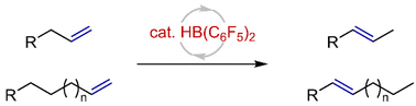 Graphical abstract: Bis(pentafluorophenyl)borane-catalyzed E-selective isomerization of terminal alkenes to internal alkenes