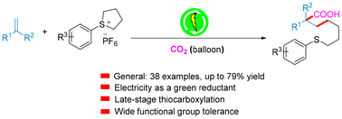 Graphical abstract: Electroreductive thiocarboxylation of alkenes with cyclosulfonium salts and CO2: access to thioether acids