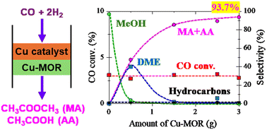 Graphical abstract: Direct synthesis of methyl acetate and acetic acid from syngas over tandem catalysts composed of a Cu-based catalyst and a Cu-exchanged mordenite zeolite