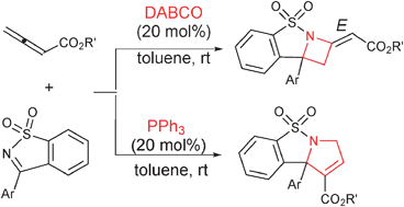 Graphical abstract: Catalytic [2+2] and [3+2] cycloaddition reactions of allenoates with cyclic ketimines