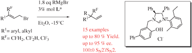 Graphical abstract: Formation of chiral fluoroalkyl products through copper-free enantioselective allylic alkylation catalyzed by an NHC ligand