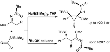 Graphical abstract: Divergent synthesis of polysubstituted cyclopropanes and β-silyoxy imidates via switchable additions of N-tert-butanesulfinylimidates to acylsilanes