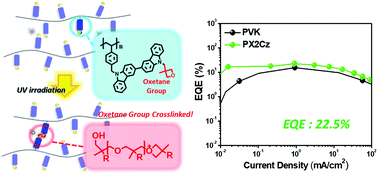 Graphical abstract: Rational design, synthesis, and characterization of a photocrosslinkable hole-transporting polymer for high performance solution-processed thermally activated delayed fluorescence OLEDs