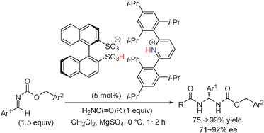 Graphical abstract: Enantioselective direct aminalization with primary carboxamides catalyzed by chiral ammonium 1,1′-binaphthyl-2,2′-disulfonates