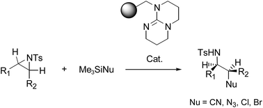 Graphical abstract: Polystyrene-supported TBD catalyzed ring-opening of N-tosylaziridines with silylated nucleophiles