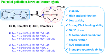 Graphical abstract: Two novel SNS-donor palladium(ii) complexes of benzoxazole and benzothiazole derivatives as potential anticancer agents