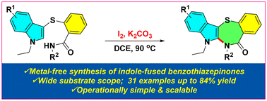 Graphical abstract: Iodine-mediated synthesis of indole-fused benzothiazepinones through intramolecular C2-amidation of amide-tethered C3-sulfenylindoles
