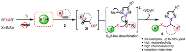 Graphical abstract: Iodine-catalyzed intermolecular 1,2-thio (seleno)amination of alkenes with 1,2,3-triazoles and disulfides (diselenides) in air