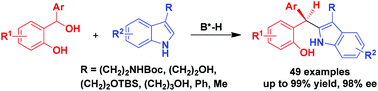 Graphical abstract: Catalytic asymmetric C2-nucleophilic substitutions of C3-substituted indoles with ortho-hydroxybenzyl alcohols