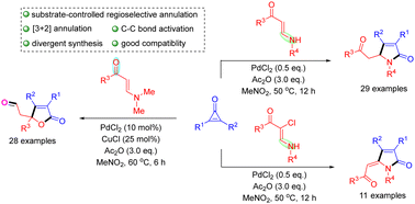 Graphical abstract: Pd(ii)-catalyzed regioselective ring opening/[3+2] annulation reaction of enaminones with cyclopropenones: divergent synthesis of γ-butenolides and γ-lactams