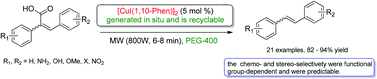 Graphical abstract: CuI/1,10-phen/PEG promoted decarboxylation of 2,3-diarylacrylic acids: synthesis of stilbenes under neutral and microwave conditions with an in situ generated recyclable catalyst