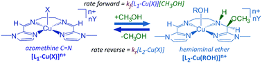 Graphical abstract: Reversible methanol addition to copper Schiff base complexes: a kinetic, structural and spectroscopic study of reactions at azomethine C [[double bond, length as m-dash]] N bonds