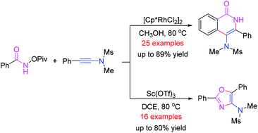 Graphical abstract: Catalyst-controlled synthesis of 4-amino-isoquinolin-1(2H)-one and oxazole derivatives