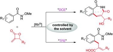 Graphical abstract: Rhodium(iii)-catalyzed chemoselective C–H functionalization of benzamides with methyleneoxetanones controlled by the solvent