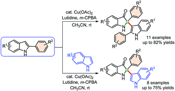 Graphical abstract: Synthesis of C2-tetrasubstituted indolin-3-ones via Cu-catalyzed oxidative dimerization of 2-aryl indoles and cross-addition with indoles