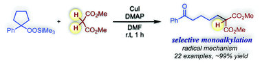 Graphical abstract: The copper-catalyzed selective monoalkylation of active methylene compounds with alkylsilyl peroxides
