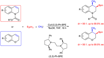 Graphical abstract: Highly diastereo- and enantioselective copper-catalyzed methylboration of 1,2-dihydroquinolines and 2H-chromenes