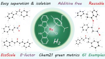 Graphical abstract: Waste-minimized, ecofriendly, and chemoselective room-temperature hydrogenation of C [[double bond, length as m-dash]] C bonds using a homogeneous recyclable imidazole-based Ru(ii)-p-cym catalyst
