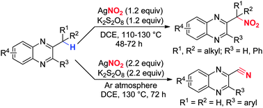 Graphical abstract: AgNO2-mediated direct nitration of the quinoxaline tertiary benzylic C–H bond and direct conversion of 2-methyl quinoxalines into related nitriles