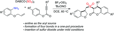 Graphical abstract: Synthesis of 3-(((2,3-dihydrobenzofuran-3-yl)methyl)sulfonyl) coumarins through the reaction of 2-(allyloxy)anilines, sulfur dioxide, and aryl propiolates