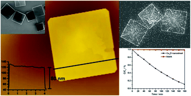 Graphical abstract: Two-dimensional porous cuprous oxide nanoplatelets derived from metal–organic frameworks (MOFs) for efficient photocatalytic dye degradation under visible light