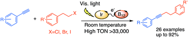Graphical abstract: Visible light-driven cross-coupling reactions of alkyl halides with phenylacetylene derivatives for C(sp3)–C(sp) bond formation catalyzed by a B12 complex