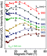 Graphical abstract: Excitation efficiency determines the upconversion luminescence intensity of β-NaYF4:Er3+,Yb3+ nanoparticles in magnetic fields up to 70 T