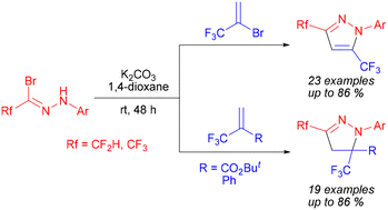 Graphical abstract: Synthesis of 3,5-bis(fluoroalkyl)pyrazoles/pyrazolines via [3 + 2] cycloaddition of di/trifluoroacetohydrazonoyl bromides and trifluoromethyl-substituted alkenes