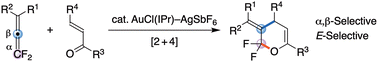Graphical abstract: Gold(i)-catalysed [2+4] cycloaddition of 1,1-difluoroallenes with conjugated enones: synthesis of ring-difluorinated dihydro-2H-pyrans