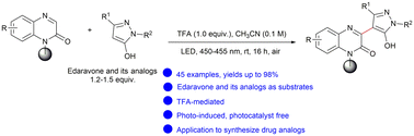 Graphical abstract: Photodriven, TFA-promoted oxidative dehydrogenative coupling of quinoxalin-2(1H)-ones with 5-pyrazolones