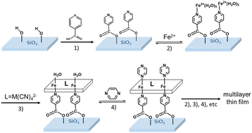 Graphical abstract: Spin crossover in {Fe(pyrazine)[M(CN)4]} (M = Ni, Pt) thin films assembled on fused silica substrates