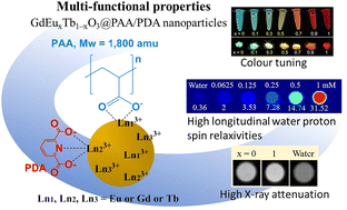 Graphical abstract: Multi-functional GdEuxTb1−xO3 (x = 0 to 1) nanoparticles: colour tuning optical properties, water proton spin relaxivities, and X-ray attenuation properties