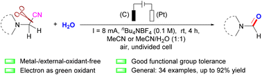 Graphical abstract: Electrochemically enabled decyanative C(sp3)–H oxygenation of N-cyanomethylamines to formamides