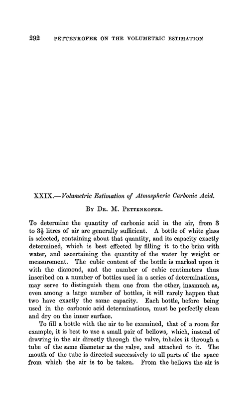 XXIX.—Volumetric estimation of atmospheric carbonic acid