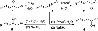 Graphical abstract: Regioselective hydrations of 1-aryl-3-en-1-ynes using gold and platinum catalysts: selective production of 2-en-1-ones and 3-en-1-ones