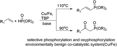 Graphical abstract: Cu(i)/Fe(iii)-Catalyzed C–P cross-coupling of styrenes with H-phosphine oxides: a facile and selective synthesis of alkenylphosphine oxides and β-ketophosphonates