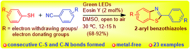 Graphical abstract: Visible light photoredox catalysis: conversion of a mixture of thiophenols and nitriles into 2-substituted benzothiazoles via consecutive C–S and C–N bond formation reactions
