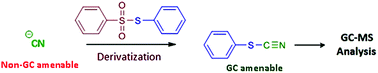 Graphical abstract: Gas chromatography-mass spectrometric identification of cyanide using a nucleophilic substitution based derivatization with S-phenyl benzenethiosulfonate