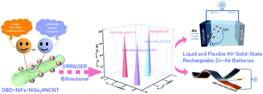 Graphical abstract: A NiFe/NiSe2 heterojunction bifunctional catalyst rich in oxygen vacancies introduced using dielectric barrier discharge plasma for liquid and flexible all-solid-state rechargeable Zn–air batteries