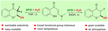 Graphical abstract: Solvent dependent fluorinative cyclizations of o-hydroxy-arylenaminones promoted by H2O and NFSI: switchable access to di- and monofluorinated 2-hydroxyl chromanones