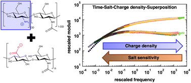 Graphical abstract: The effect of charge density on the viscoelasticity and underwater adhesion of entangled complex coacervates from semi-rigid polysaccharides
