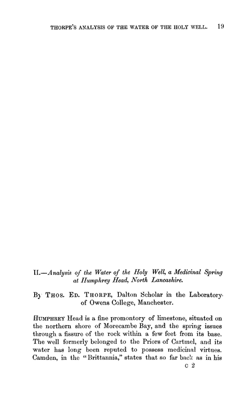 II.—Analysis of the water of the holy well, a medicinal spring at humphrey head, North Lancashire